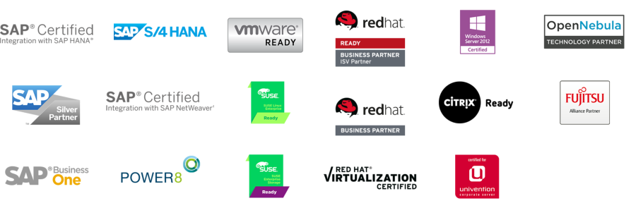 Backup Solution Certifications: SAP Certified Integration with SAP HANA, SAP S/4 HANA, SAP Silver Partner, SAP Certified Integration with SAP NetWeaver, SAP Business One, IBM Power, VMware Ready, SUSE Linux Enterprise Ready, SUSE Enterprise Storage Ready, Red Hat READY Business Partner ISV Partner, Red Hat Business Partner, Red Hat Virtualization Certified, Windows Server Certified, Citrix Ready, Certified for Univention, OpenNebula Technology Partner, Fujitsu Alliance Partner